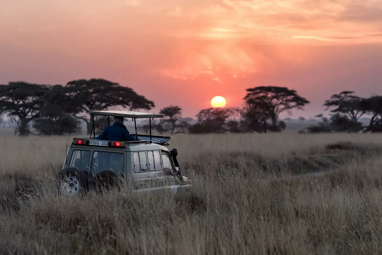 Guide and tourist inside the safari vehicle